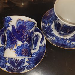 Lomonosov Porcelain Set Mug and Saucer in the "Magic Firebird" pattern.