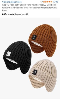 Alepo 3 Pack Baby Beanie Hats with Earflaps, 2 Size Baby Winter Hat for Toddler Kids, Fleece Lined Knit Hat for Girls Boys