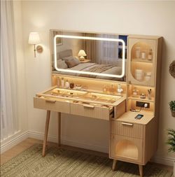 48" Fluted Vanity Desk with Lighted Mirror and Charging Station, Natural Oak Makeup Table with 5 Drawers, Motion-Sensor Lights, Glass Top, and Hair Dr
