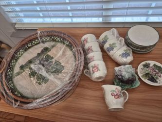 Grape Floral Pattern Baskets, Cups,  Saucers,  Sugar Creamer Bowl