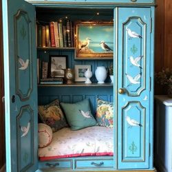 Custom Order Option: Antique Upcycled Armoire Reading Nook Adults & Kids Book Storage Study Area Blue Birds Fairy Lights Cushion Bench