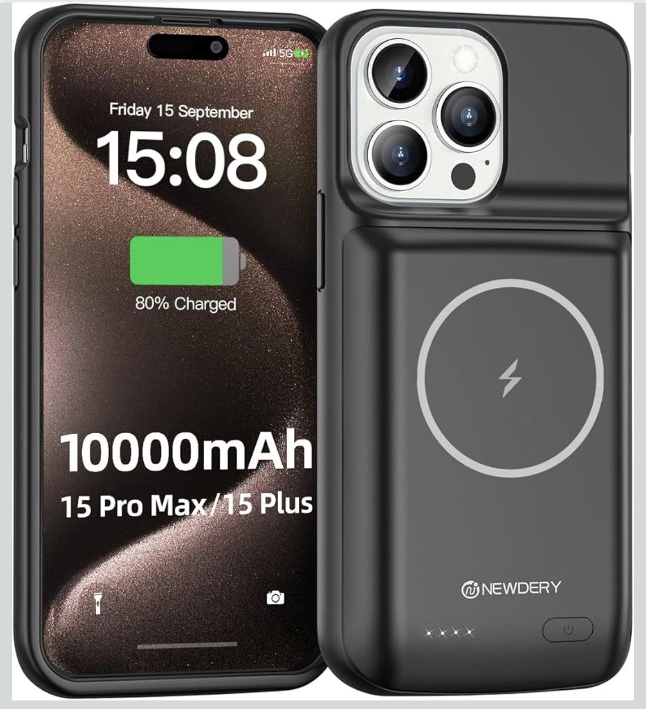 NEWDERY 10000mAh Battery Case for iPhone 15 Pro Max/Plus, USB C Qi Wireless Charging,Portable Protective Charger Case Battery Pack