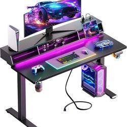 Gaming Standing Desk with LED Light, 48 Inch Electric Height Adjustable Table with Power Outlet & Floating Monitor Stand, Sit Stand Compute