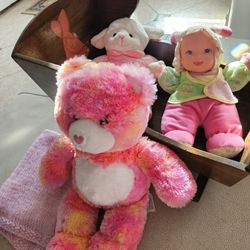 Wood Rocking CRADLE, ADORABLE Singing Lamb, PINK  BEAR, DOLL 