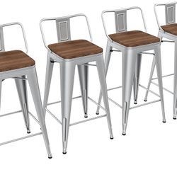 24 inch Barstools Set of 4 Counter Height Bar Stools Farmhouse Kitchen Metal Bar Chairs with Wood Seat Low Back Silver
