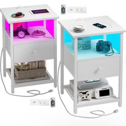LED Nightstands Set of 2 Bedside Tables Side Table End Table White Fabric-Wood