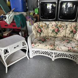 White Wicker Loveseat/end Table