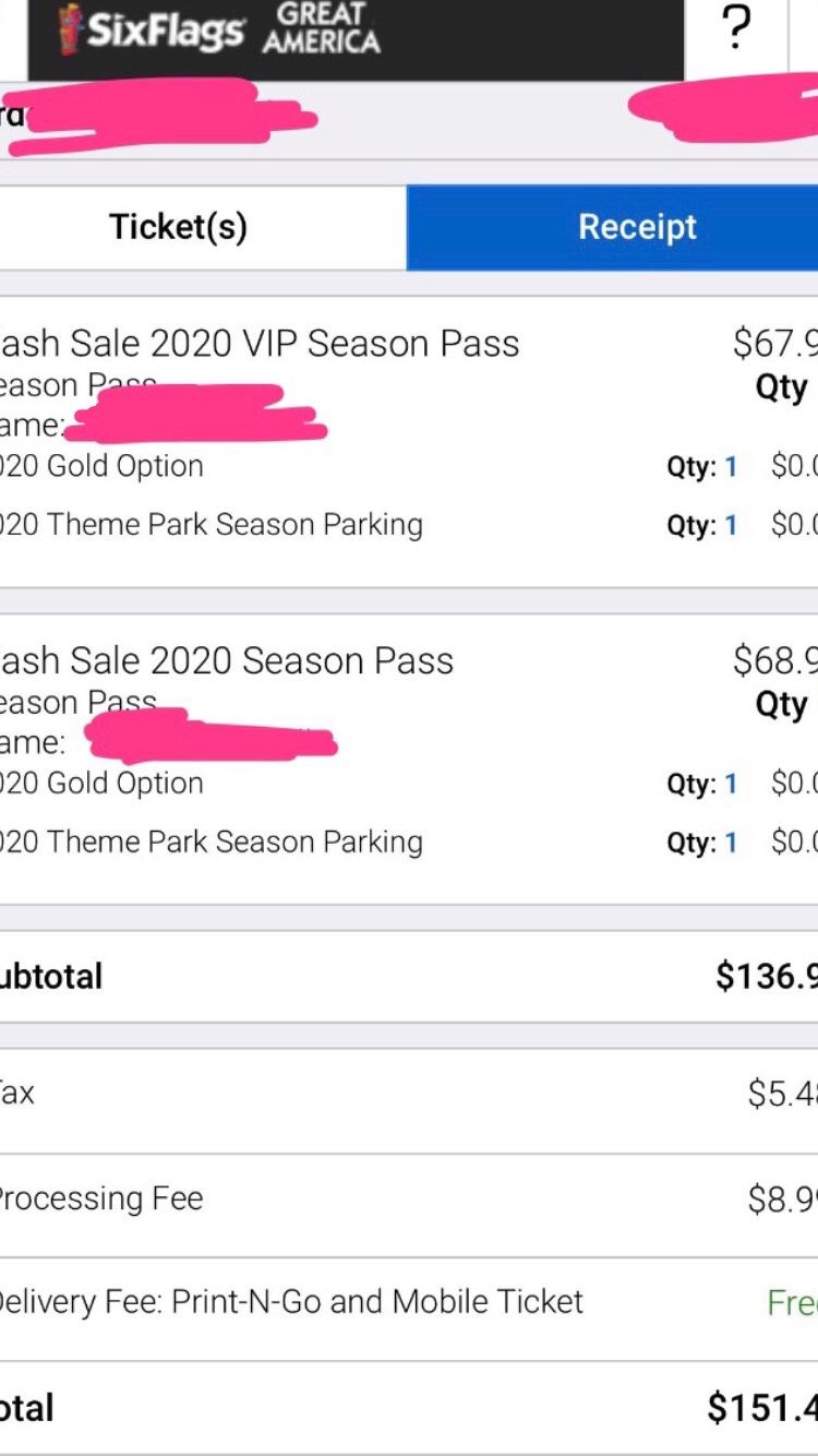 2 SIX FLAG TICKETS 2019-2020 ( FREE PARKING)