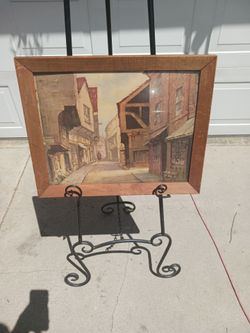 Antique framed Douglas Pinder European street scene unsigned lithograph