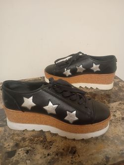 Steve Madden Silver Star Lace Up Black Wedge Platform Shoes Women's Size 7.5B