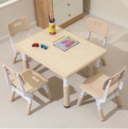 Kids table and 4 chairs set with graffiti desk, height adjustable children's study table for boys and girls aged 3-8 years