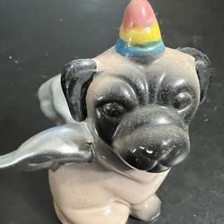 Pug Dog Figurine Silver Wings Angel Birthday Hat Puppy Ceramic