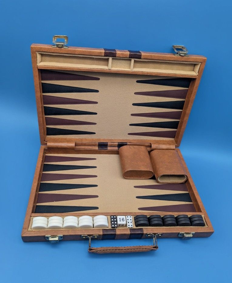 Vintage Travel Backgammon Set Designed in a Briefcase Style for Portability 15" x 10"
