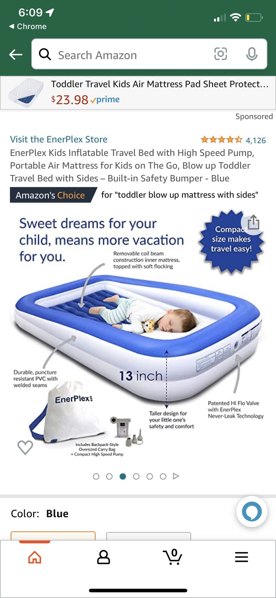 EnerPlex Kids Inflatable Travel Bed with High Speed Pump, Portable Air Mattress for Kids on The Go, Blow up Toddler Travel Bed with Sides – Built-in S