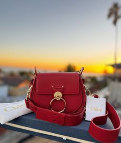 Chole Tess Small Red Smooth Calfskin Suede Crossbody Shoulder Bag Gold Ring