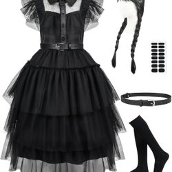 Wednesday Addams Kids Cosplay Costume w/Dress and Wig. Size 130cm *BRAND NEW*