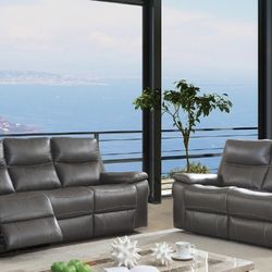 Brand New Gray Top Grain Leather Match Recliners Sofa And Love Seat 