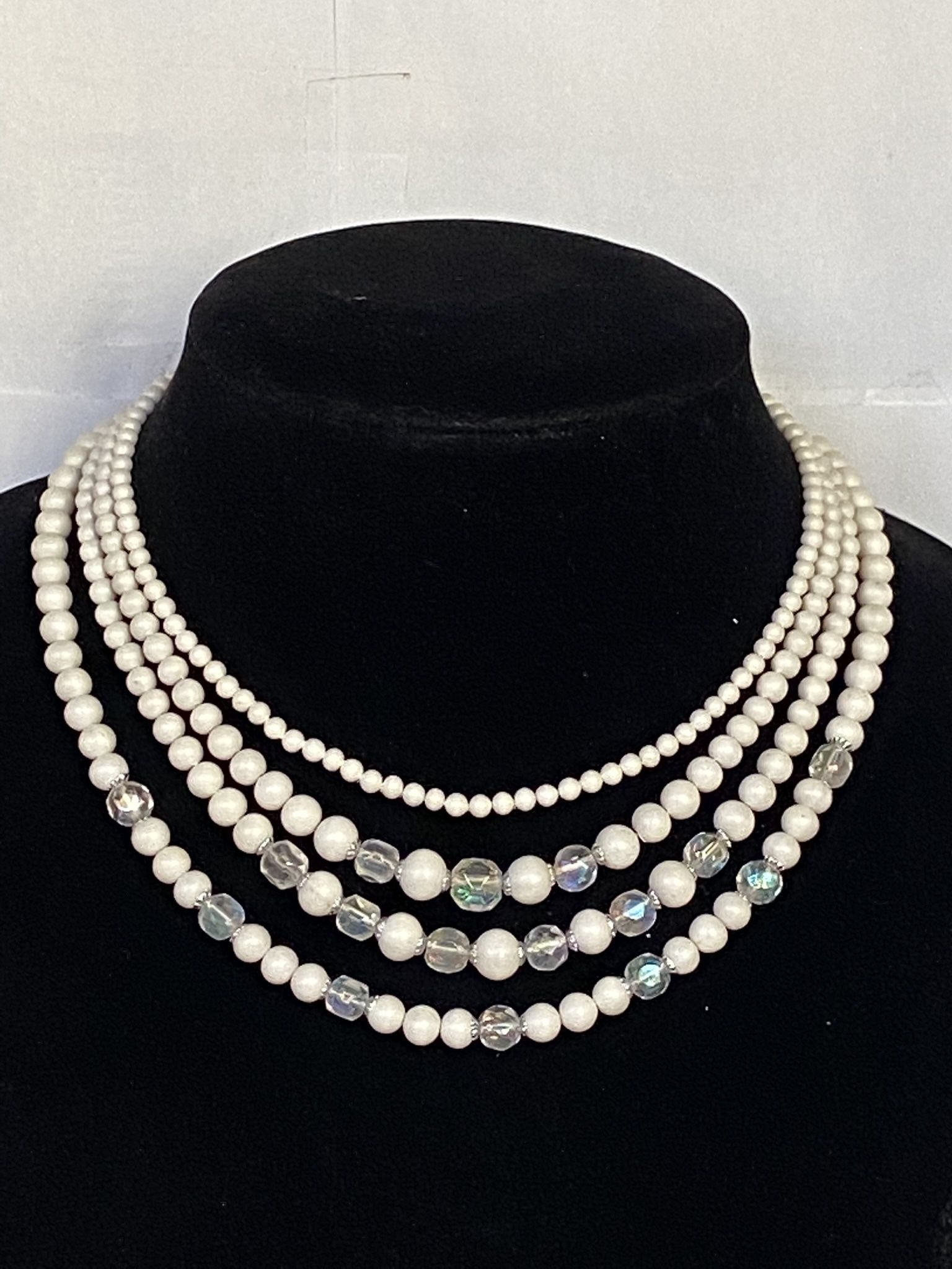 Vintage Four Strand Pearls With AB Crystal Faceted Beads