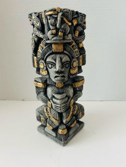 VTG  Natural Black Obsidian Gold Sculpture Mayan, warrior  8 " deity figurine
