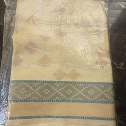New Buttery Yellow Soft Linen Saree With Blue Border & Gold, Silver, Copper Diamond Zari Work