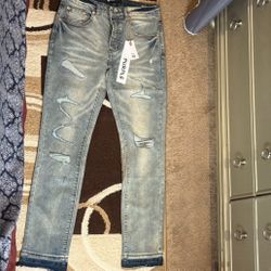 Men’s Purple Brand P001 Low Rise Slim Light Indigo Distressed Jeans