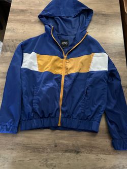 Urban Retro blue windbreaker with white and yellow horizontal stripes, size M