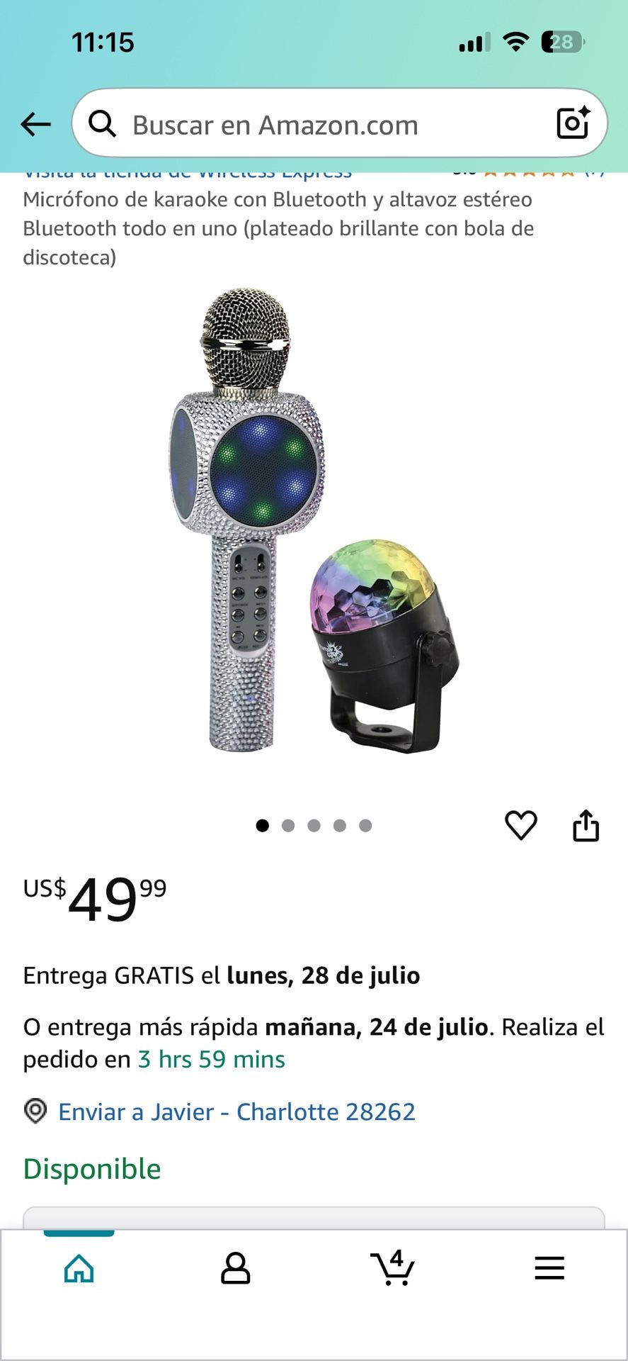 Micrófono de karaoke con Bluetooth y altavoz estéreo Bluetooth todo en uno (plateado brillante con bola de discoteca)