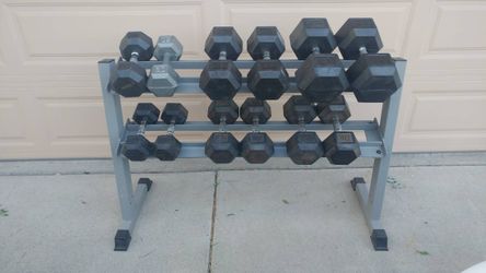 20 to 50 + 80 lb dumbbells with rack 
