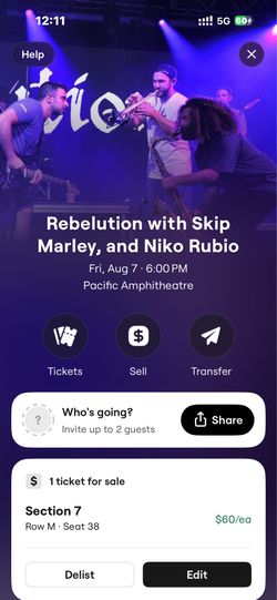 1 Rebelution Concert Ticket for TODAY 8/7/26- NEED TO SELL TODAY- Section 7, Row M Seat 38