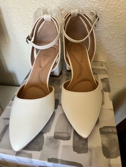 White Pointed-Toe Block Heel Pumps