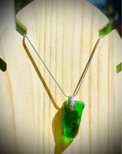 Emerald green Alaskan sea glass on 925 Sterling silver necklace