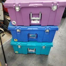 Three 16 gallons sterilite rolling Storage Footlocker Totes