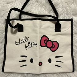 Off white canvas tote bag with black trim and cute kitty
