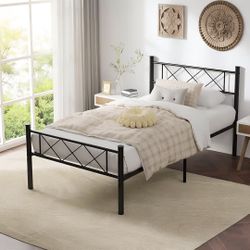 Metal Platform Bed Frame Mattress Foundation with Headboard & Footboard / Firm Support & Easy Set up Structure, Full, Black