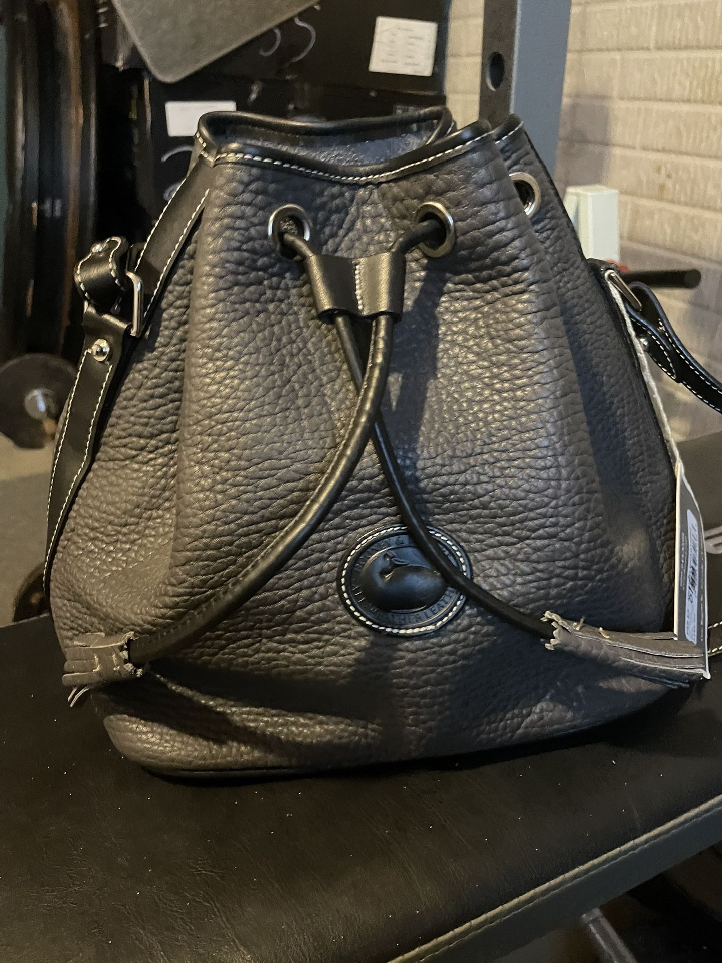 Dooney & Bourke Vintage Black Pebble Leather Drawstring Bucket Tote Bag USA Made