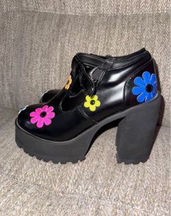 Black Platform Mary Jane Heels with Flower Patches