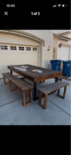 Rustic Wood Dining Table with Two Benches