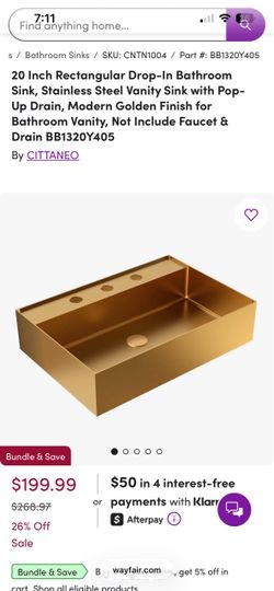 20 Inch Rectangular Drop-In Bathroom Sink, Stainless Steel Vanity Sink with Pop-Up Drain, Modern Golden Finish for Bathroom Vanity, Not Include Faucet