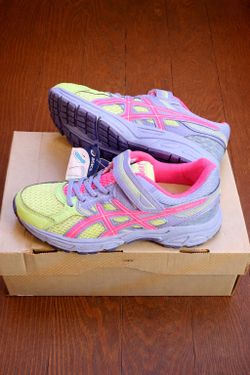 ASICS Kids Running Shoes Size US 2 EU 33.5 C564N Hook & Loop Pink Green Purple w/ Box