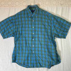 Gant Vineyard Linen Mens XL Plaid Short Sleeve Button Down Shirt Blue Green
