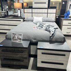 4 PCS BEDROOM SET, QUEEN BED FRAME, DRESSER, MIRROR AND NIGHTSTAND -NEW-