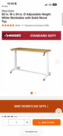 Husky 62 in. W x 24 in. D Adjustable Height White Worktable with Solid Wood Top $250