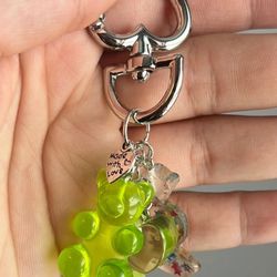 Colorful Green GummyBear Keychain With Candy Charms And Heart Silver Clip