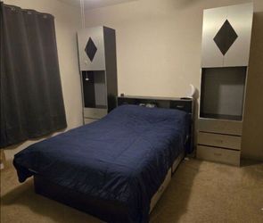 Custom queen size bed frame, headboard and shelving