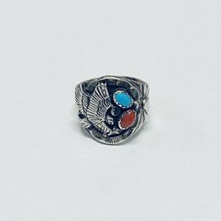 Vintage Navajo Sterling Silver Turquoise & Red Coral Eagle Ring Hallmarked