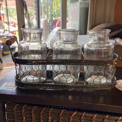 Chicken Wire Basket W/ Glass Farmhouse Bottles.  Like New 