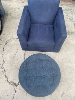 Blue Fabric Armchair with Round Ottoman