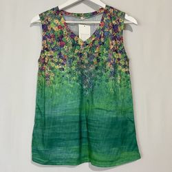 La Mode Women’s Casual Floral V Neck Sleeveless Top Green Floral Print NWT