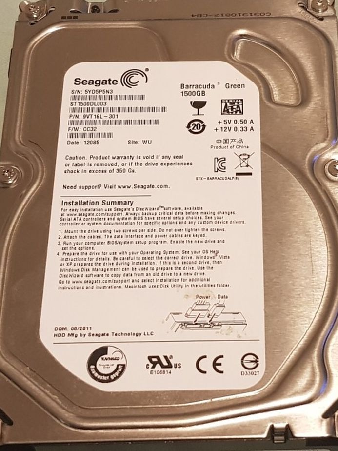 Seagate Barracuda Green 1.5TB 5900 RPM SATA-6GBPS 3.5inch Internal Hard Disk Drive