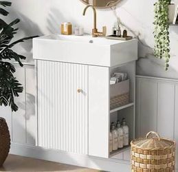 Assembled New 22" Wall-Mount Bathroom Vanity with Ceramic Sink, 22” Floating Sink Vanity